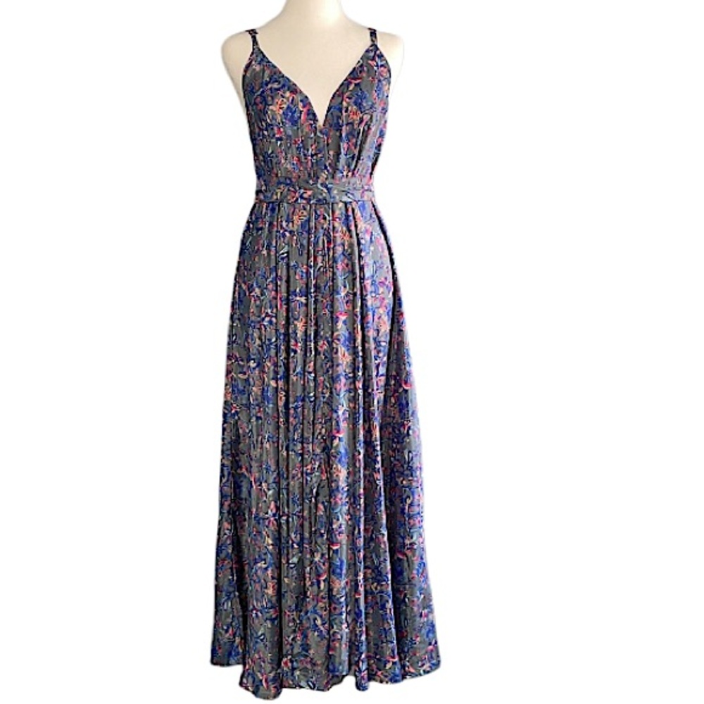 Advance Grey Colorful Floral Silky Sleeveless Maxi Dress